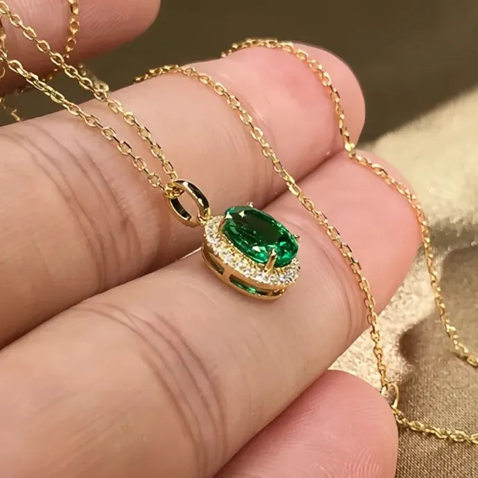 Oval Green CZ Cubic Zirconia Pendant Necklace for Women Wedding Gift