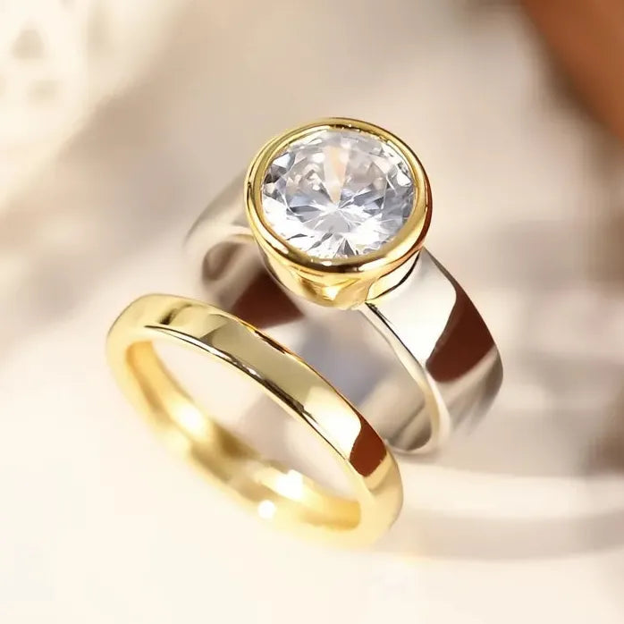 Two Tone 2Pcs Cubic Zirconia Brass Wedding Engagement Rings for Women