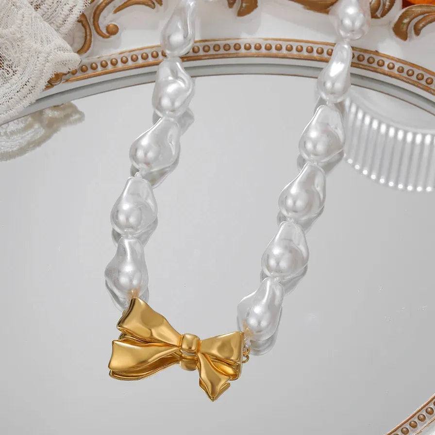 Handmade Gold Bowknot Pendant Irregular Baroque Pearl Necklace for Women