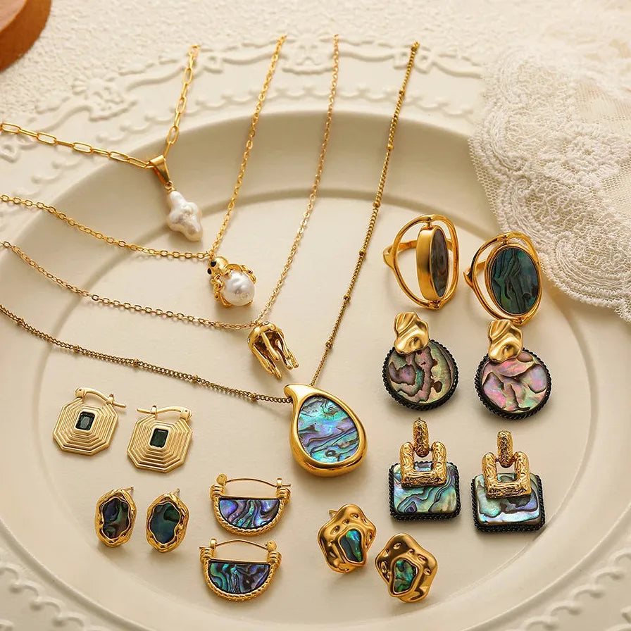 Natural Abalone Shell Pearl Stud Earrings Geometric Huggie Hoops CZ Necklace Choker