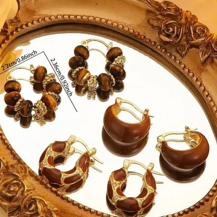 Vintage Tiger's Eye Stone Round U-Shaped Hoop Earrings for Women Jewelry