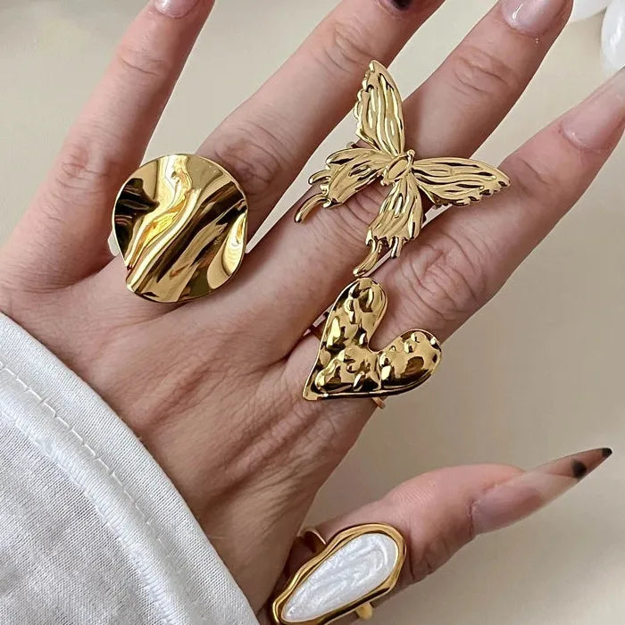 Adjustable Stainless Steel Butterfly Heart Geometric Open Ring for Women Jewelry