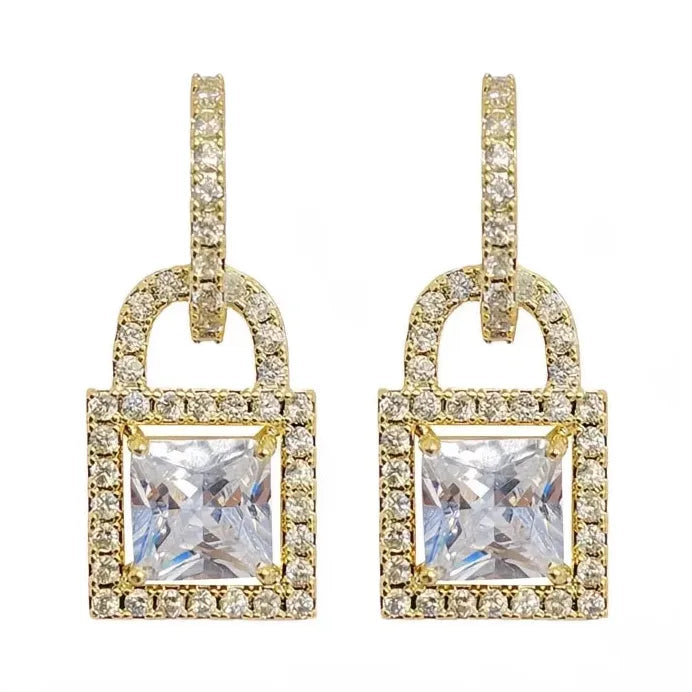 Gold Lock Drop Earrings with Shiny Cubic Zirconia for Women