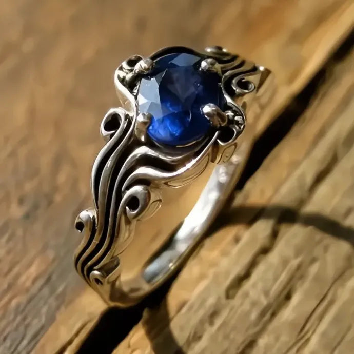 Vintage Blue CZ Silver Wave Ring Geometric Party Holiday Jewelry Brass