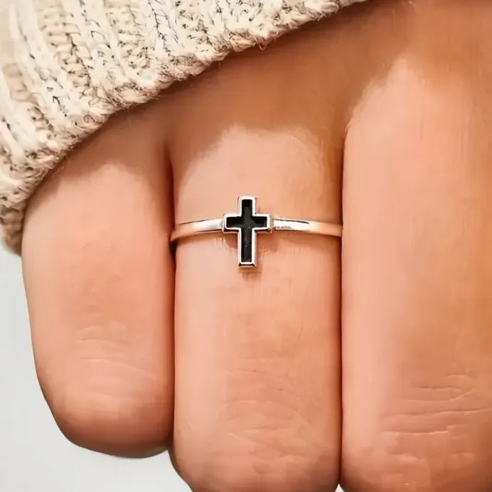 Trendy Women's Cross Ring Brass with Black Epoxy Glaze Finger Jewelry