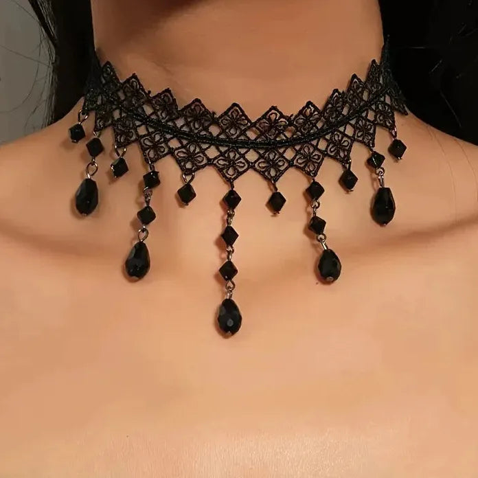Punk Gothic Black Lace Crystal Flower Choker Necklace for Women Jewelry