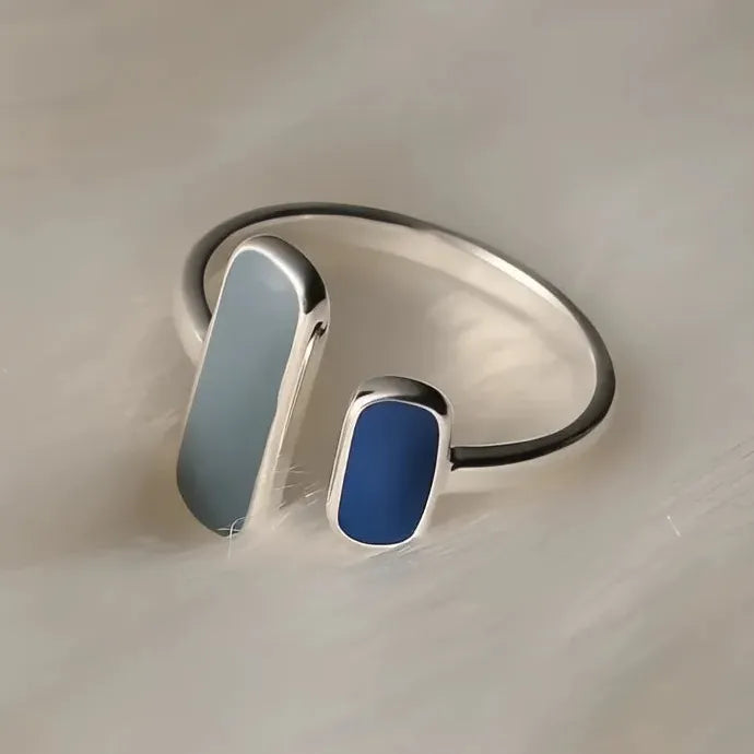 Blue Enamel Silver Color Women’s Geometric Fashion Ring Brass Epoxy Coated