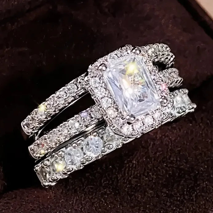 2023 Women’s Geometric Square Cubic Zirconia 3-Piece Wedding Ring Set