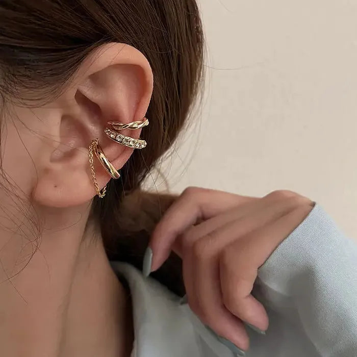 3Pcs Rhinestone Tassel C Shape Clip Earrings Zinc Alloy No Piercing Gift