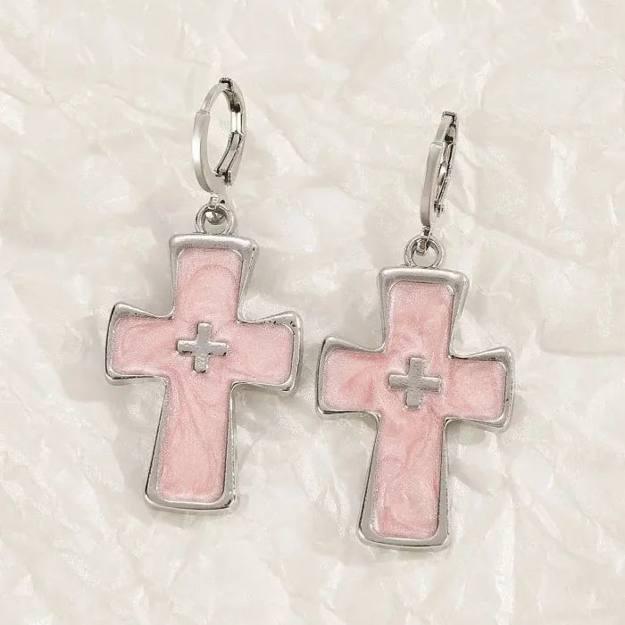 Vintage Punk Zinc Alloy Pink Crystal Cross Hoop Earrings Y2K Party
