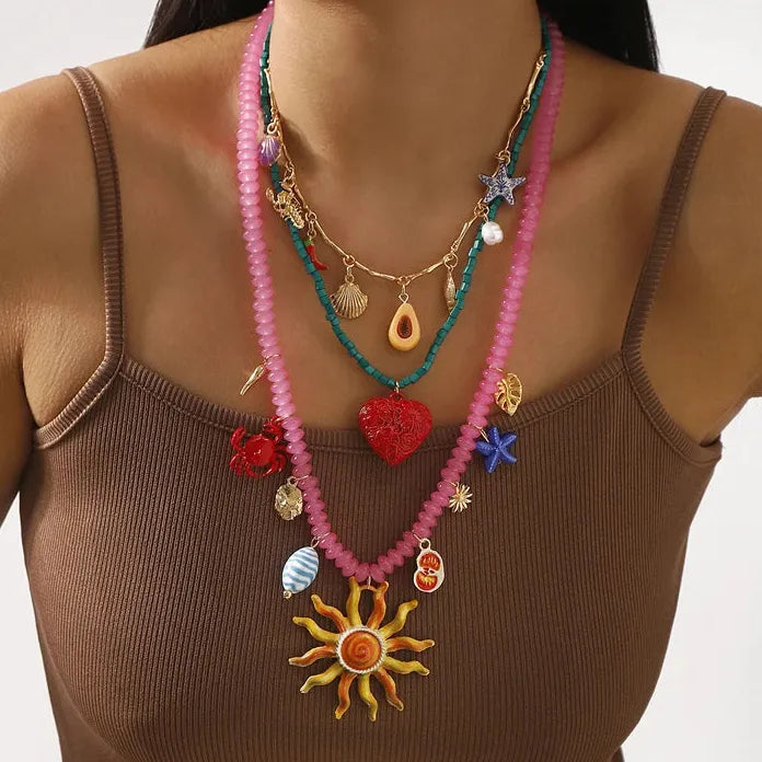 Bohemian Sunflower Starfish Pendant Necklace for Women Ocean Jewelry Gift