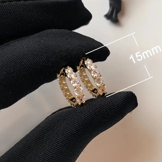 13mm/15mm Women’s Circle Hoop Earrings Cubic Zirconia Inlaid Sparkling Wedding Party Jewelry