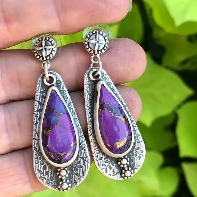 Women’s Blue Resin Inlaid Retro Handmade Metal Pendant Drop Earrings