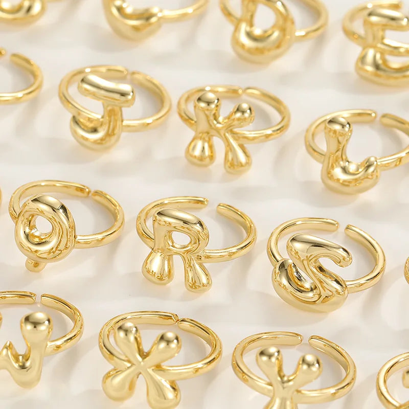 18K Gold Plated A-Z Balloon Bubble Letter Initial Ring Women Waterproof Wedding Jewelry