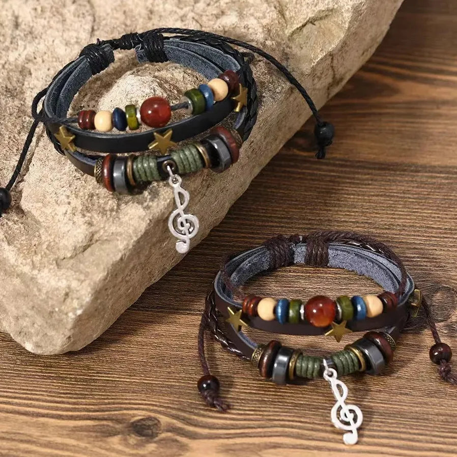 Handmade Brown Leather Hippie Bracelet Women Metal Star Note Charms Wrap Adjustable Boho