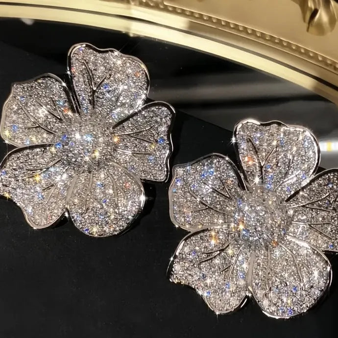 Big Flower Cubic Zirconia Geometric Stud Earrings Wedding Jewelry for Women