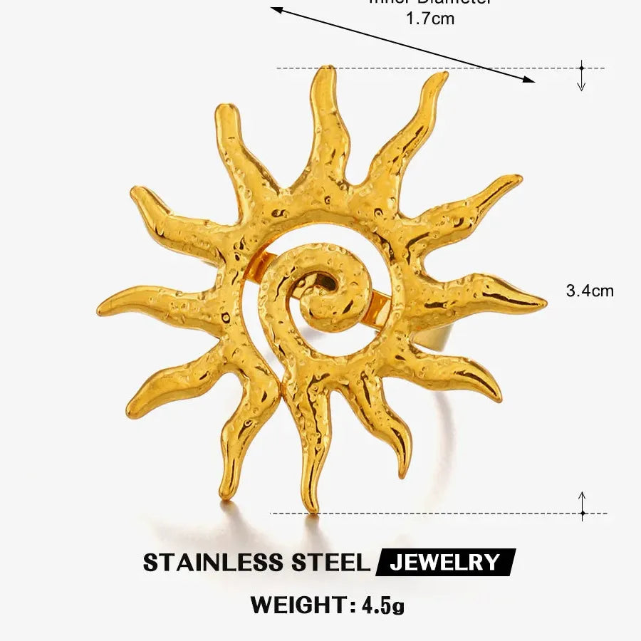 Gold Stainless Steel Geometric Sunflower Opening Ring for Women Men Jewelry