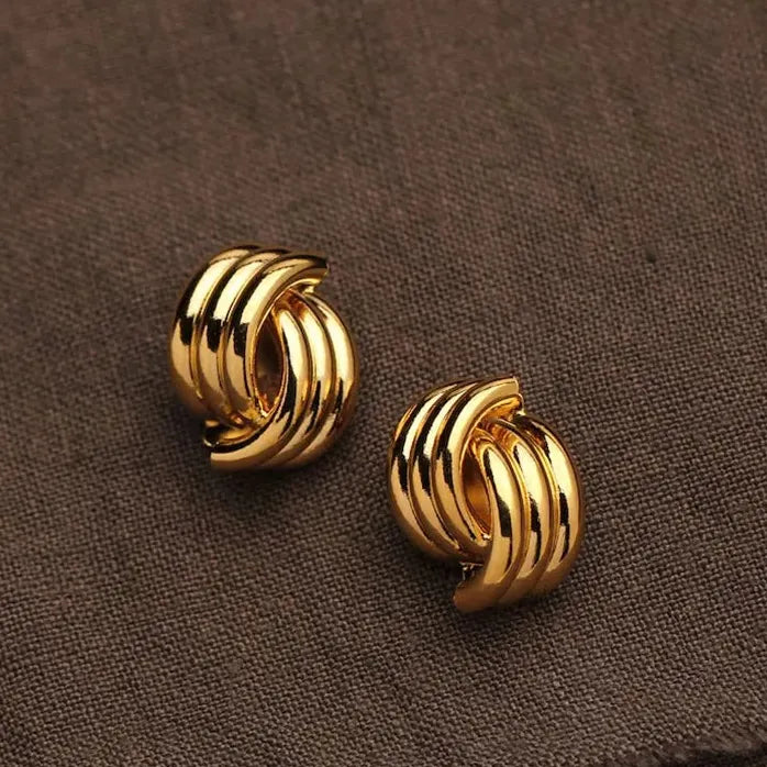 Gold Copper Alloy Three-Layer Textured Knot Earrings Women Vintage Jewelry