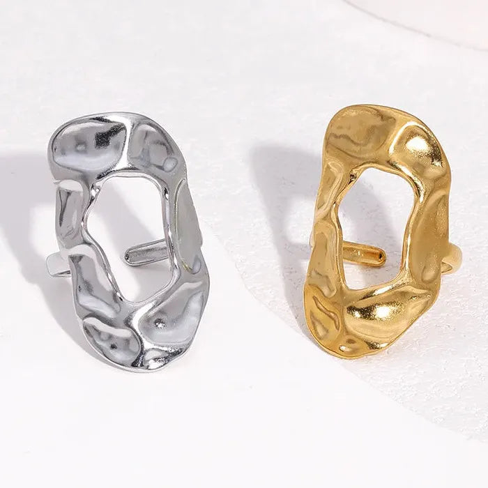Gold Stainless Steel Irregular Hammered Open Ring Waterproof Gift for Women Men