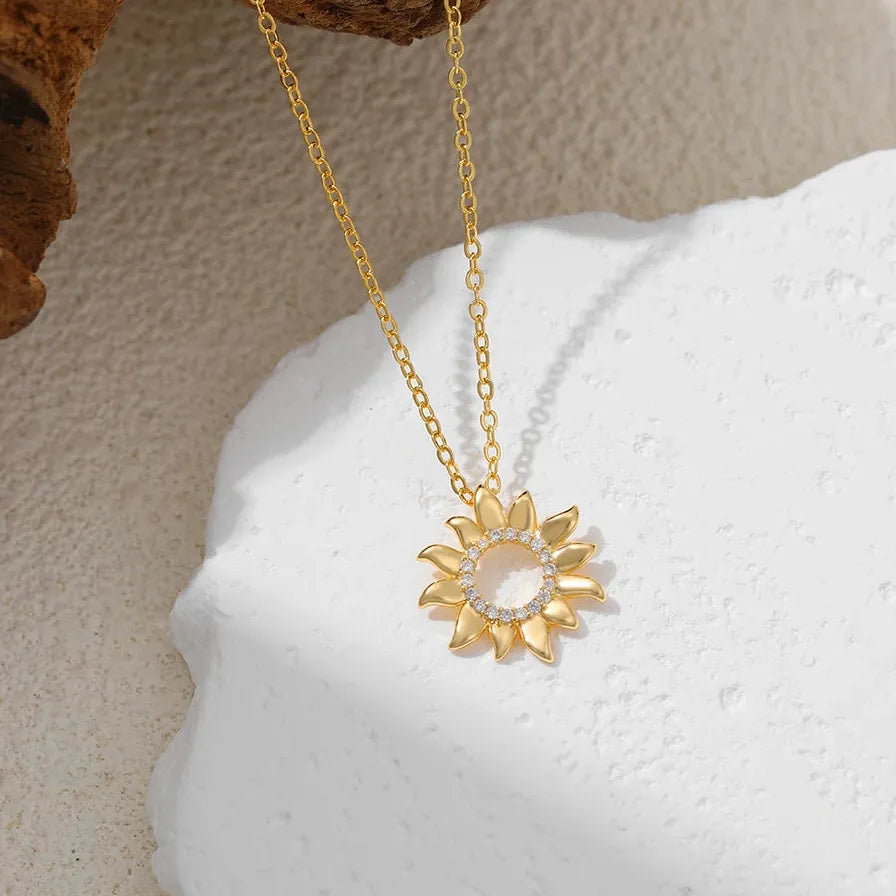 Sunflower CZ Zircon 18K Gold Plated Geometric Pendant Necklace for Women Gift