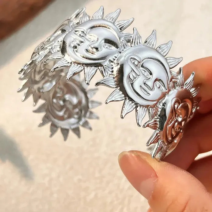Gold Plated Stainless Steel Punk Sun Lion Geometric Cuff Bracelet Unisex