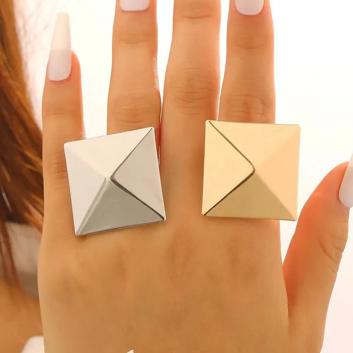 Adjustable Geometric Square Pyramid Open Ring for Women Jewelry Gift