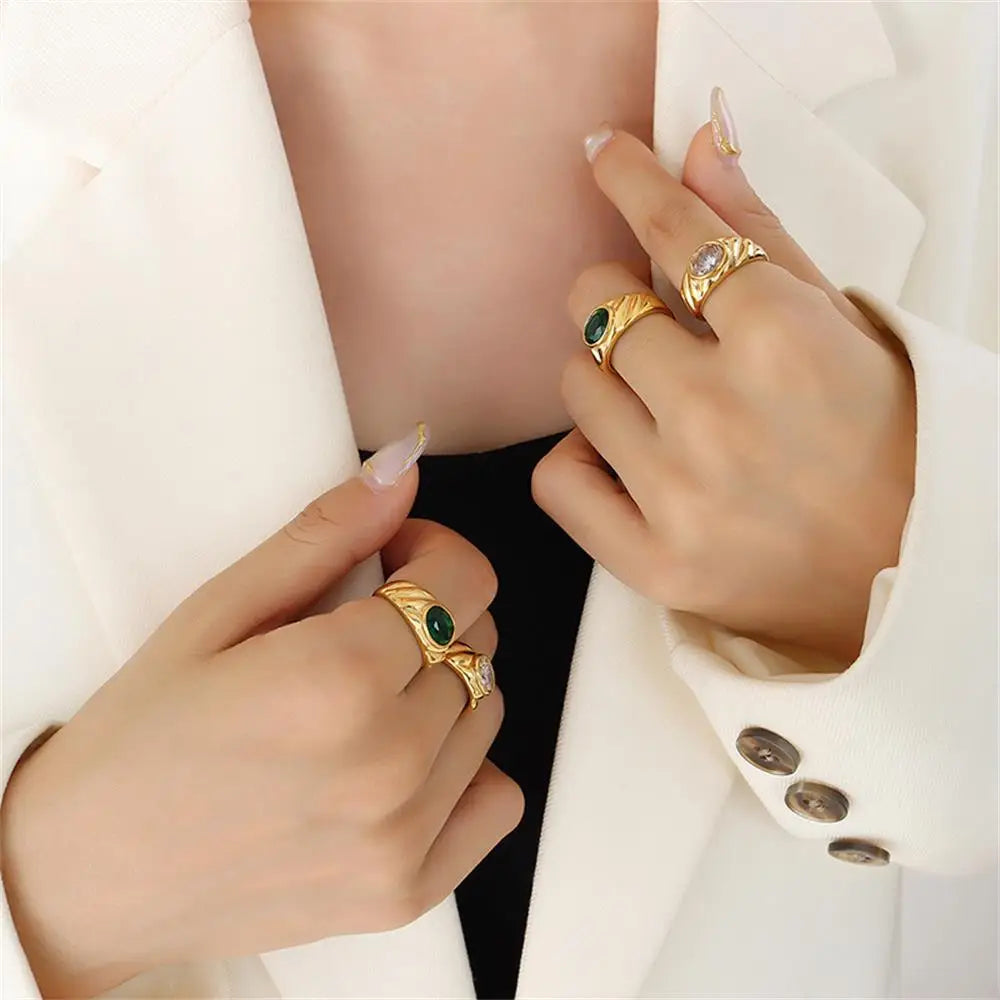 18K Gold Plated Stainless Steel Multicolored Oval Crystal Zircon Knuckle Ring