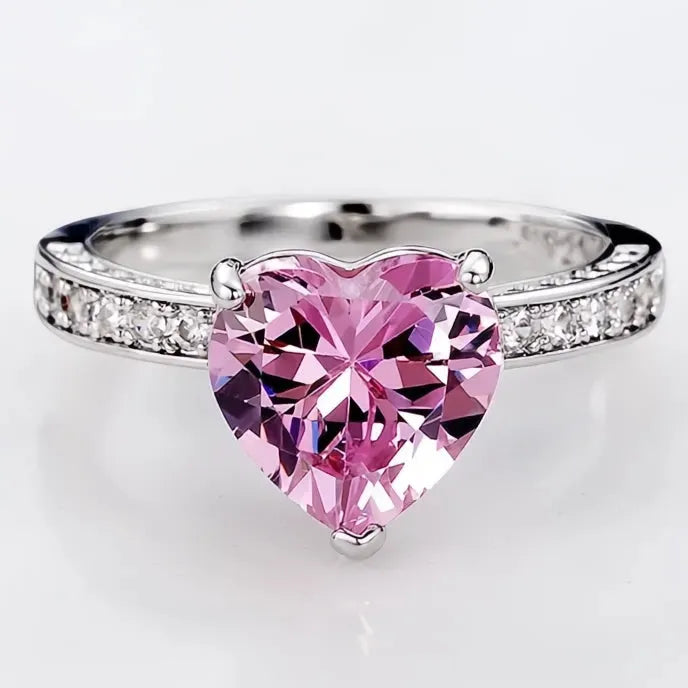 Luxury Women’s Heart Solitaire Engagement Ring AAA Pink Cubic Zirconia Brass Wedding Band Gift