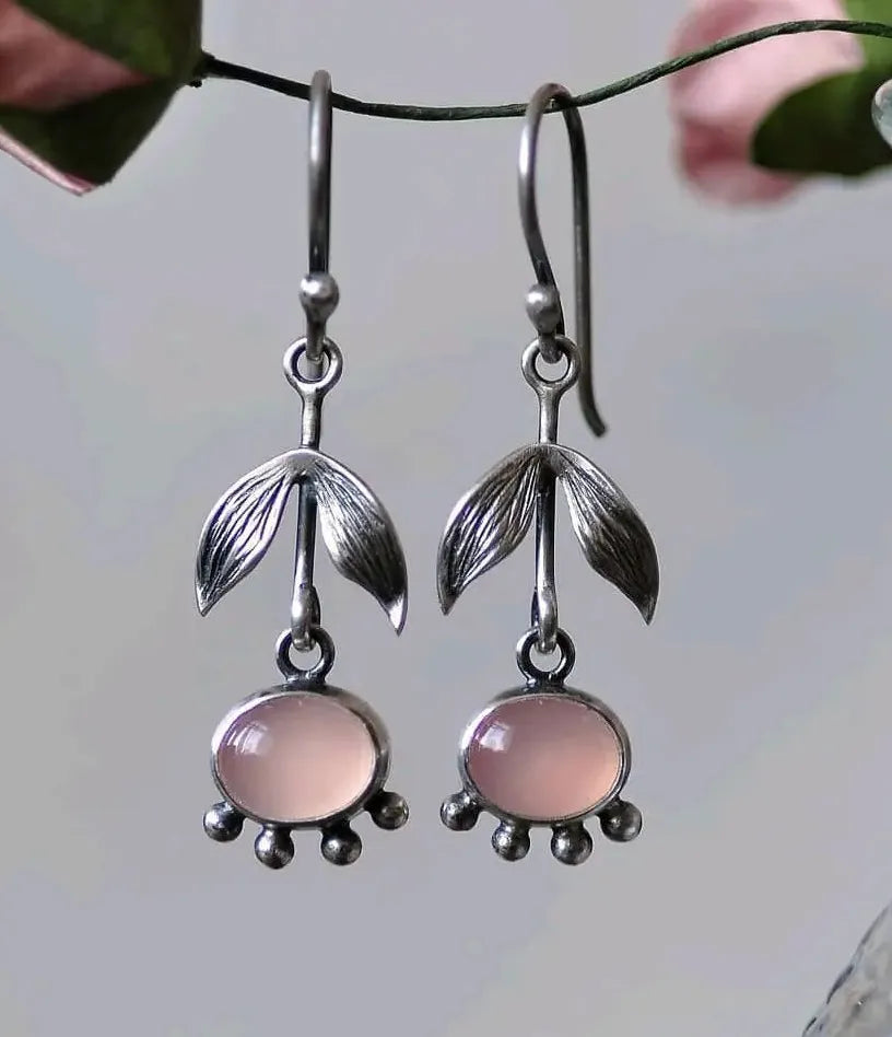 Vintage Ethnic Pink Leaf Crystal Drop Earrings for Women Zinc Alloy Jewelry