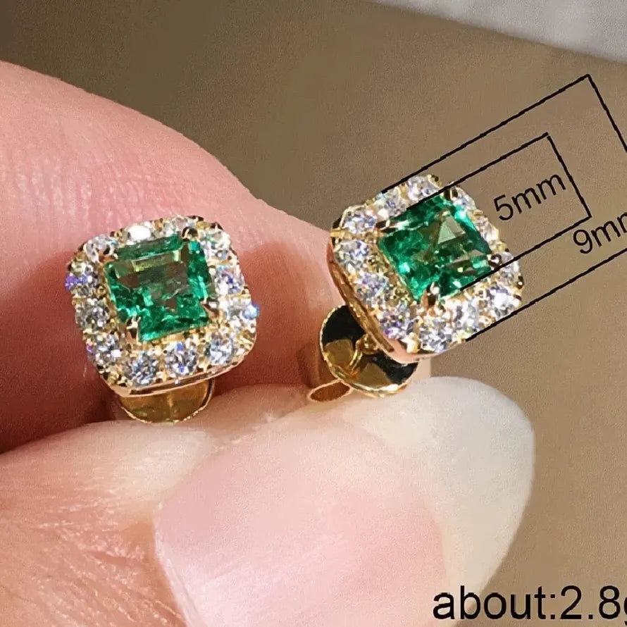 Green CZ Square Stud Earrings Gold Color Brass Luxury Wedding Jewelry