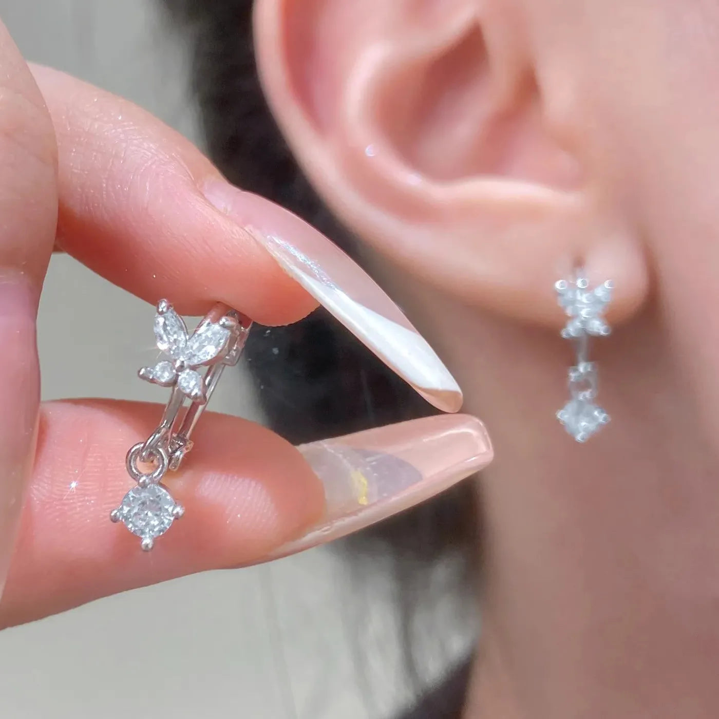 Gold-Plated Butterfly Hoop Earrings with Crystal Waterdrop Pendants
