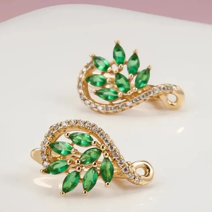 Women Copper Alloy Hoop Earrings with Leaf Design and Green Cubic Zirconia