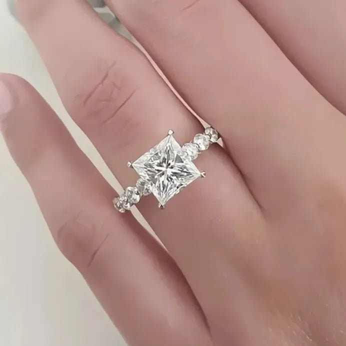 Princess Geometric Cubic Zirconia Wedding Engagement Ring Silver Tone