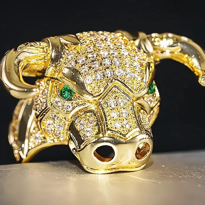 Gold Color Punk Style Cow Animal Ring with Green Eyes for Women Brass Jewelry