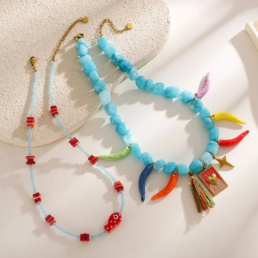 Stackable Natural Stone Bell Pepper Collar Necklace Women Stainless Steel Choker Pendant