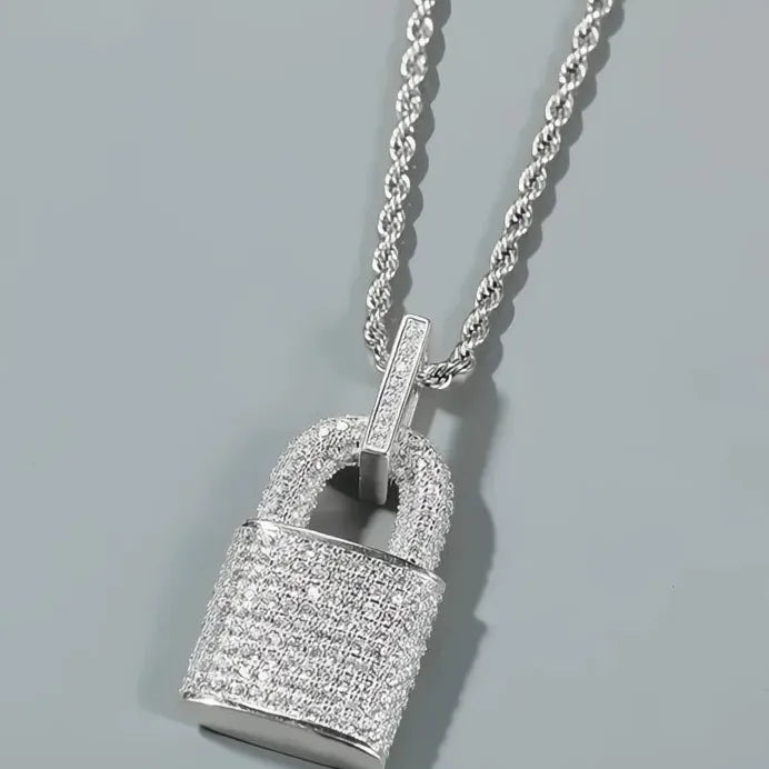 Rock Lock Cubic Zirconia Pendant Necklace Unisex Hip Hop Statement Jewelry