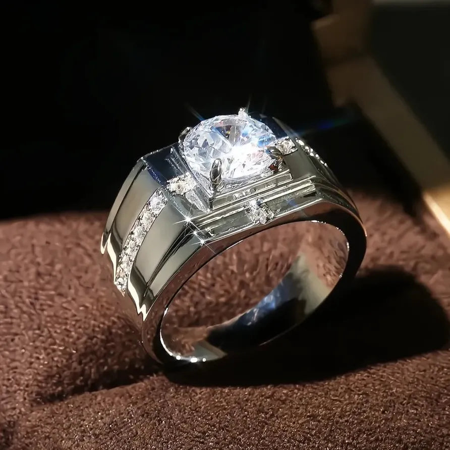 Men's Classic Brass Wedding Ring with Solitaire Cubic Zirconia Jewelry