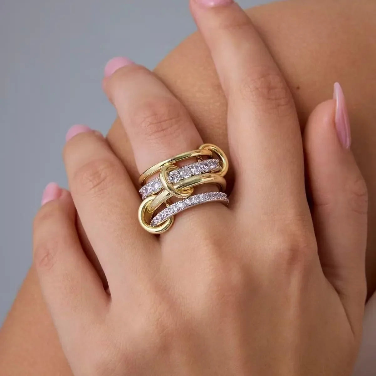 Punk 4-Layer Mixed Color Stainless Steel Ring Women Shiny Zircon Jewelry Gift