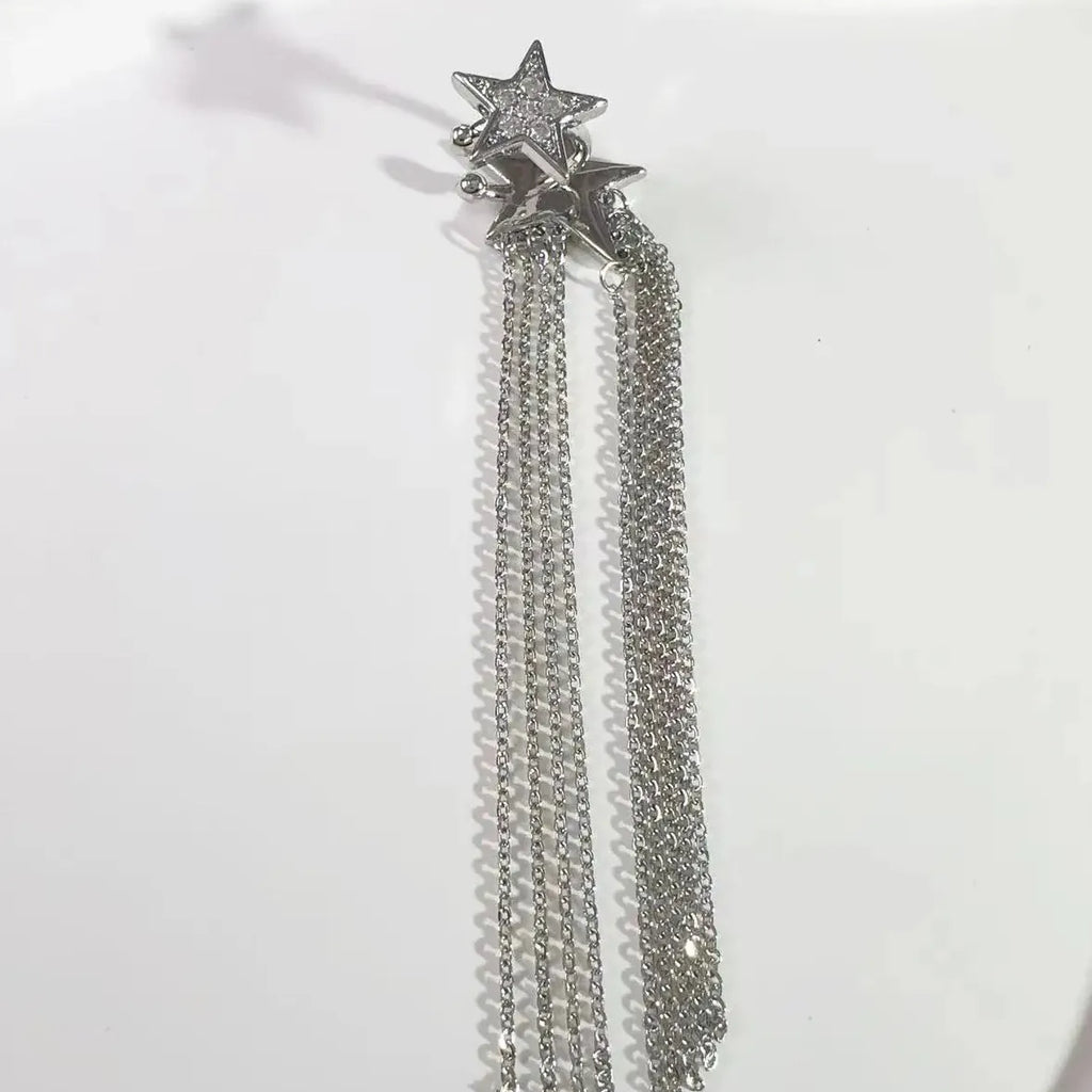 Y2K Rhinestone Star Clip Earrings Long Tassel Non-Piercing Jewelry Accessory