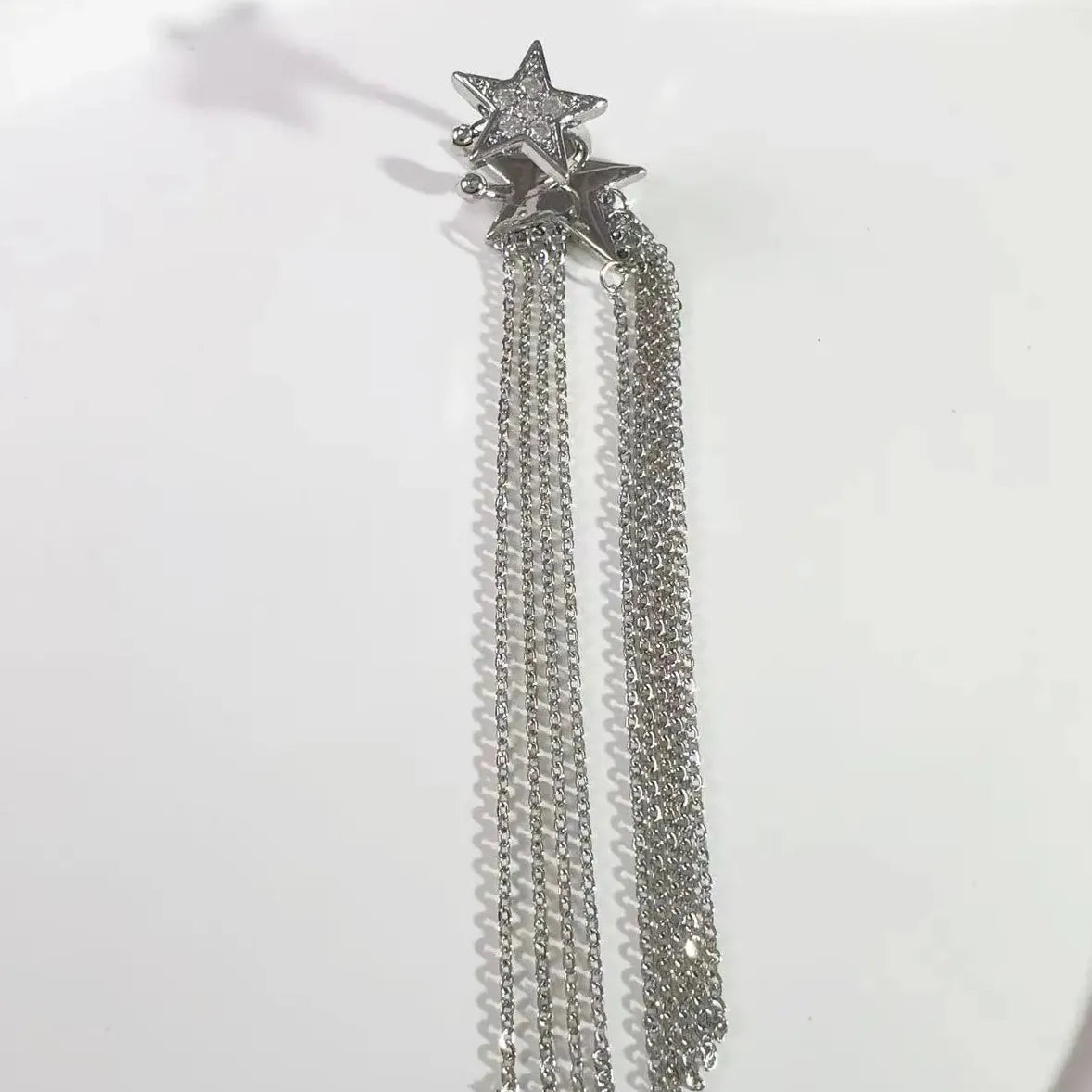 Y2K Rhinestone Star Clip Earrings Long Tassel Non-Piercing Jewelry Accessory