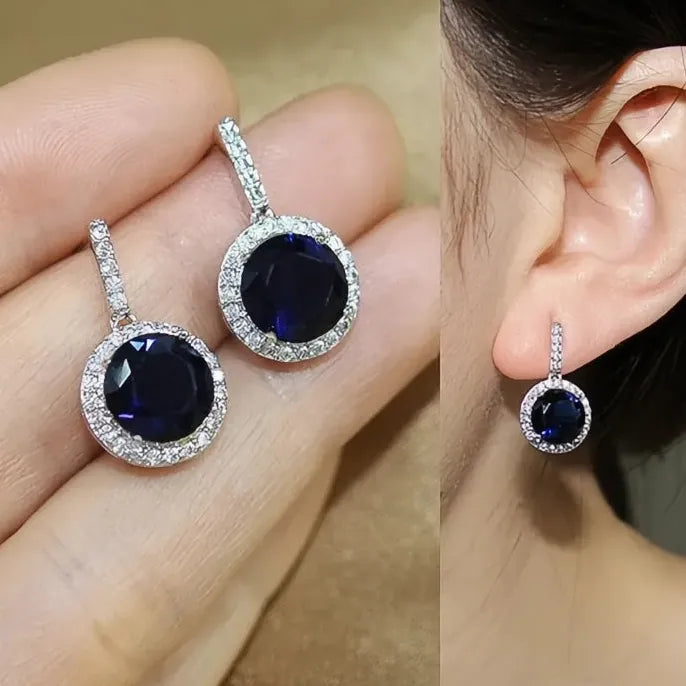 Silver Plated Copper Round CZ Dangle Earrings in Blue Pink Red Yellow