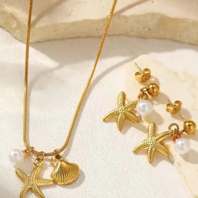 Stainless Steel Starfish Pendant Necklace for Women Gold Chain Choker Jewelry Set