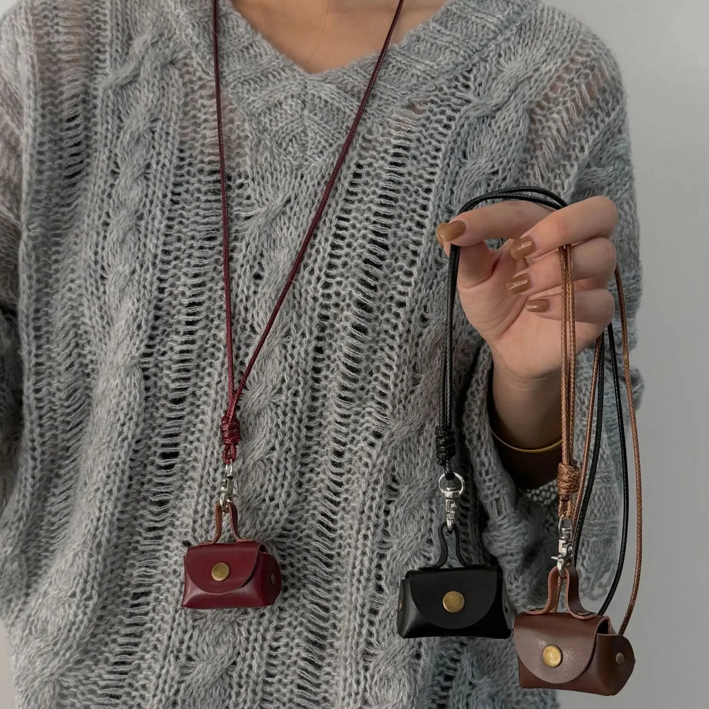 Leather Hanging Neck Coin Purse Pendant Necklace with Long Chain for Women