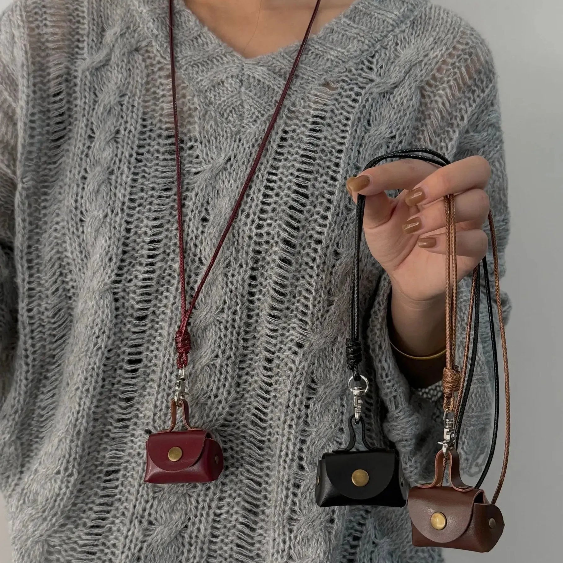 Leather Hanging Neck Coin Purse Pendant Necklace with Long Chain for Women