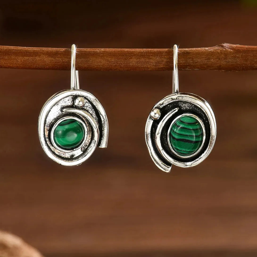 Vintage Bohemian Green Resin Oval Jewelry Set Zinc Alloy Necklace Earrings Gift