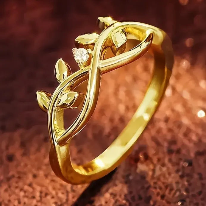 Elegant Gold Leaf Cubic Zirconia Wedding Band Ring for Women