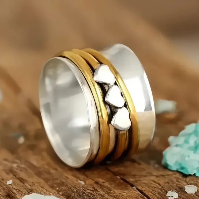 Hip Hop Zinc Alloy Two Tone Wide Ring with 3 Hearts for Women Party Jewelry