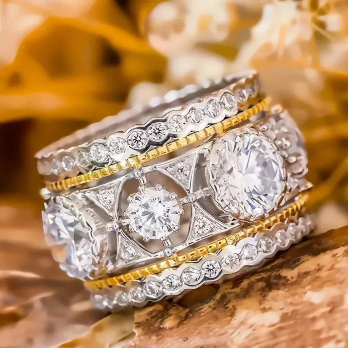Two-Tone Cubic Zirconia Wedding Band Ring for Women Elegant Jewelry