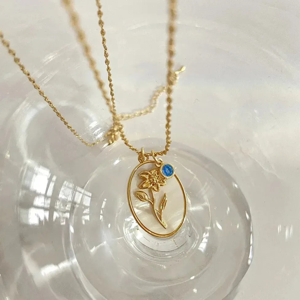 12 Month Birthday Flower Pendant Necklace Stainless Steel White Shell Choker Jewelry
