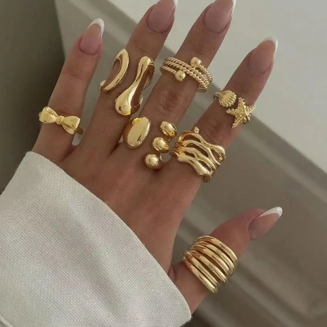 7Pcs Adjustable Geometric Bow Knot Starfish Rings Set Unisex Fashion Jewelry